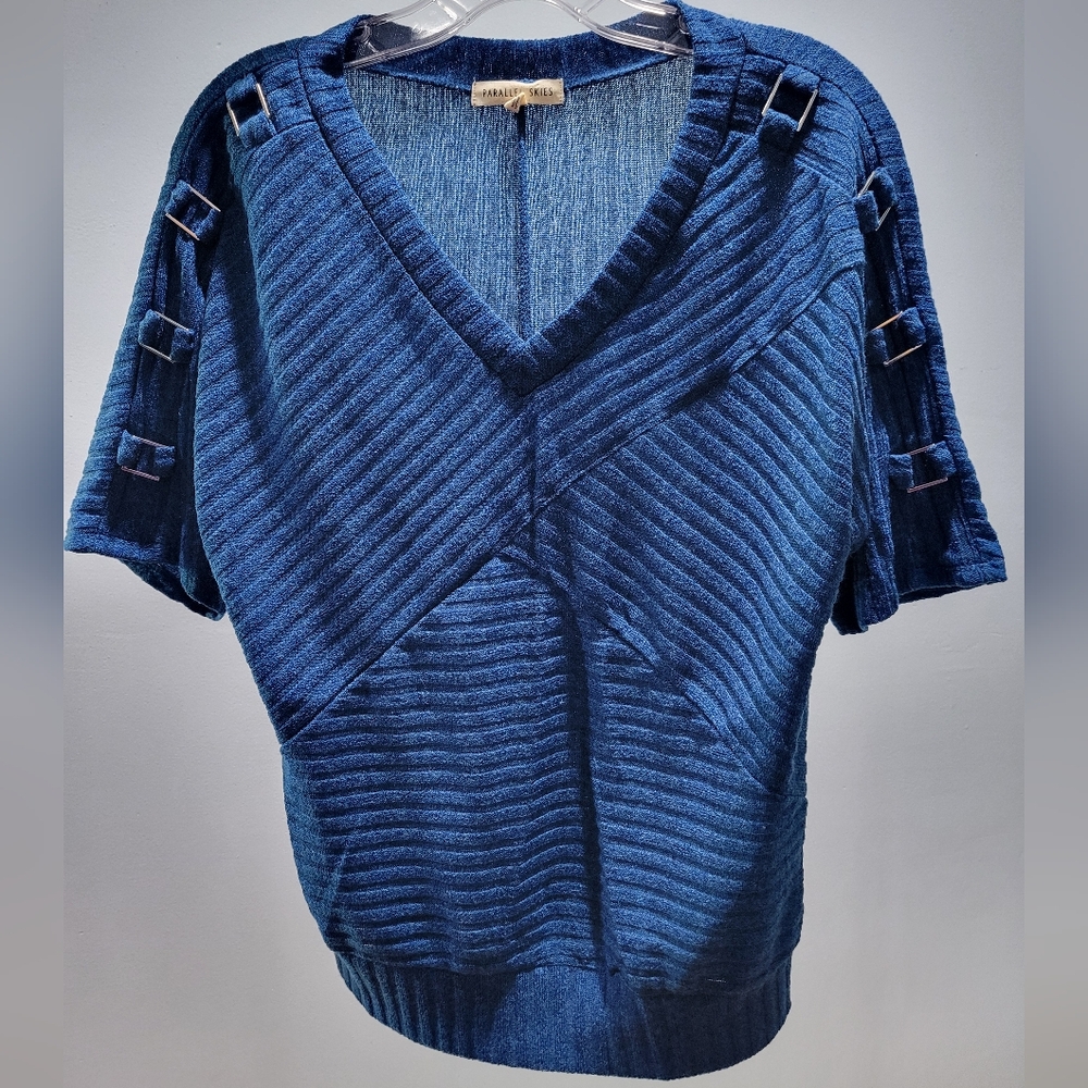 Blue V-Neck Sweater with Buckle Details